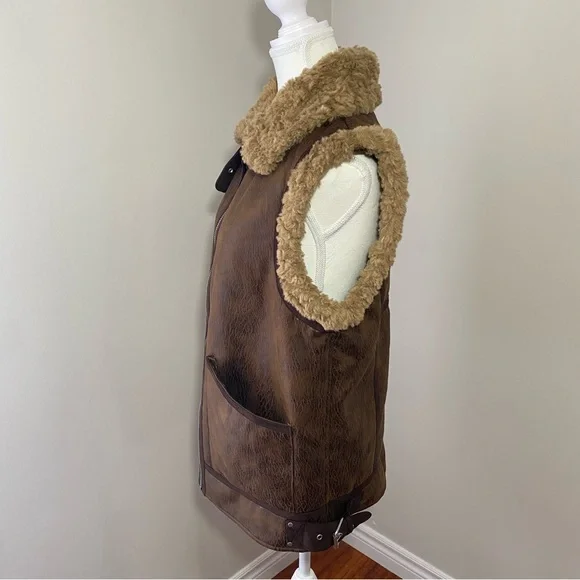 7 For All Mankind Brown Faux Leather Vest with Shearling Trim XS - Picture 7 of 14